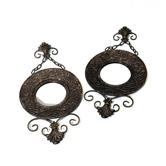 Metal Wall Mirror Round Brown Chain Dropping Home Decor MCM Set of 2 - Picture 1 of 5